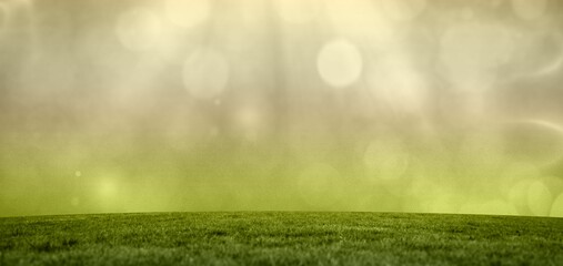 Poster - Rolling vibrant green grass field is unfolding in flat design under misty sunlit sky with bokeh