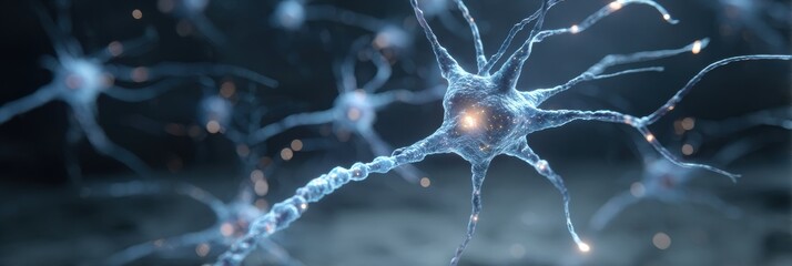Poster - Bright Nerve Cell Stands out Among Blurred Counterparts, Illustrating the Concept of Overstress in Neural Networks