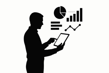 Poster - Silhouette of a person using a tablet to analyze data represented by bar graphs a pie chart and a line graph illustrating data analysis and