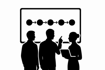 Poster - Business Team Discussing Project Flowchart on Screen Silhouetted Against White Background Illustrating Collaboration Strategy and Project Management in a Corporate Setting with a Modern Aesthetic