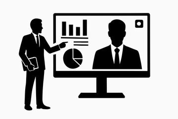 Poster - Online Business Presentation with Charts and a Speaker on Screen Featuring a Presenter Pointing to the Display All in Black and White Silhouette Style