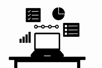 Poster - Black and White Business Data Analysis Presentation with Laptop Checklist Pie Chart Progress Chart and Bar Graph on a Table for Business Strategy Visualization