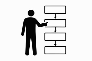 Poster - A black and white illustration of a person pointing at a flowchart with four boxes connected by downward arrows representing a process or workflow diagram