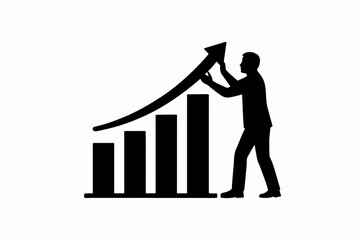 Poster - Silhouette of a businessman pushing an upward trending arrow on a bar graph symbolizing growth success and positive financial performance in a business or investment