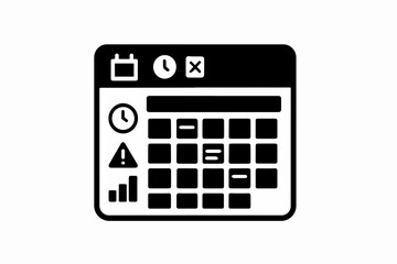Poster - Black and White Calendar Icon with Clock Warning and Bar Graph Symbols Representing Scheduling Deadlines Alerts and Data Analysis on a Clean White Background