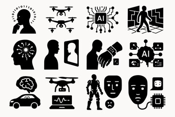 Poster - A Collection of Black and White Artificial Intelligence Icons Representing Concepts Like Drones Brains Robots and Human Interaction with Technology on a White Background