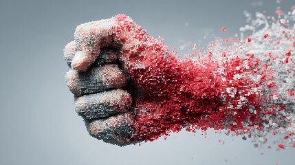 Poster - Clenched Fist Dissolving Into Pixels With a Soft Gradient Background Illustrating Digital Transformation