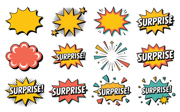 Collection of colorful comic book style burst icons with surprise text on a white background
