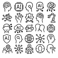 Poster - Collection of AI technology related icons.  The icons depict various aspects of artificial intelligence, including brains, microchips, and network connections.