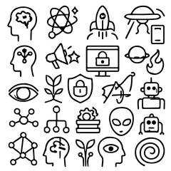 Poster - Collection of line art icons related to innovation, technology, and science.  The icons are simple and modern in style, suitable for a variety of applications.