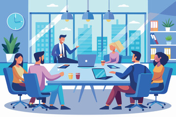 Poster - Team collaboration in a modern office meeting room with vibrant city view