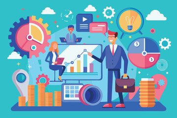 Poster - Business professionals engaging in data analysis and strategy development in a vibrant digital workspace