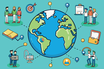 Poster - Global connections through technology and collaboration in a colorful illustration showcasing diverse activities and interactions
