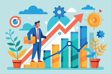 Poster - Business professional stands on coins with growth charts and gears in a modern workspace promoting financial success and innovation