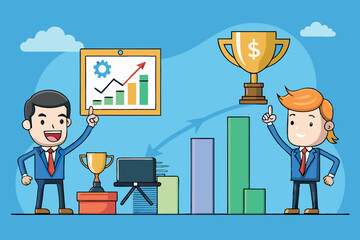 Poster - Success in business illustrated through charts and awards at a financial seminar
