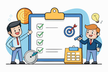 Poster - Professionals collaborating on project management with goals and deadlines using checklist and calendar