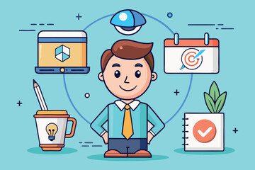 Poster - Person in business attire surrounded by digital tools and icons, emphasizing workplace culture and productivity