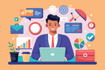 Poster - Professional man working on a laptop surrounded by business icons in a vibrant office setting