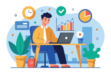 Poster - Young professional working on laptop in modern office environment with charts and plants
