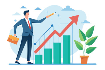 Poster - Business professional points at rising graph in office setting during daytime