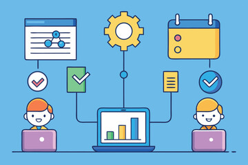 Poster - Team members collaborate on project management tasks using digital tools and analytics for efficient workflow