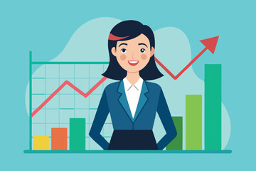 Poster - Businesswoman presenting successful financial growth in an office setting with charts and graphs on display