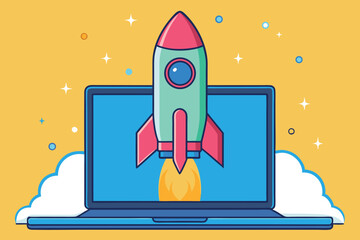 Aufkleber - Rocket launching from a laptop screen in vibrant colors