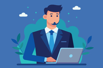 Poster - Businessman working on a laptop in a modern office setting with blue background
