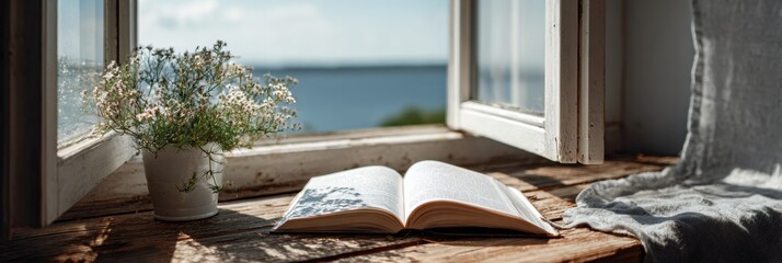 Poster - Calm View of an Open Window With a Journal on the Windowsill and Flowers in a Pot During a Tranquil Day by the Waterfront