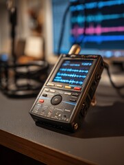 Poster - Digital Recorder Displaying Floating Waveforms During a Storytelling Session at a Cozy Workspace in the Evening
