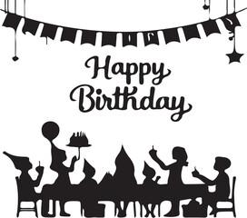Poster - A silhouette of a happy birthday celebration with children and decorations against a white background