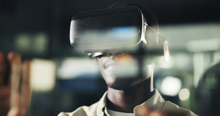 Poster - Night, black man and VR tech in office with interaction, user experience and design at window. Late work, reflection and employee with AR goggles for virtual editing, creativity or future application