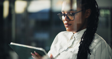 Poster - Business, reading and black woman with tablet in office for copywriting, research story or blog. Window, digital technology or creative worker online for review, content writing or editing newsletter