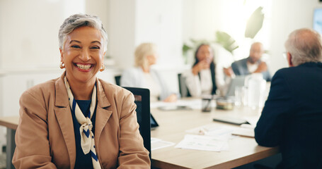 Poster - Portrait, mature leader and happy businesswoman in office for coworking at insurance meeting. CEO, smile and confident corporate executive, risk manager or professional coverage advisor with team