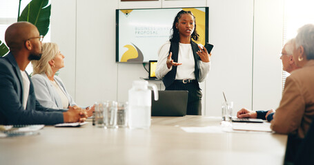 Aufkleber - Business people, presentation or woman in office, negotiation or info with startup development. Group, collaboration or workshop for profit increase, speaker or seminar with brainstorming or feedback