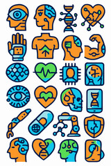 Poster - Futuristic Science and Technology Icons in Teal and Orange. A collection of vector icons representing science, technology, and artificial intelligence concepts