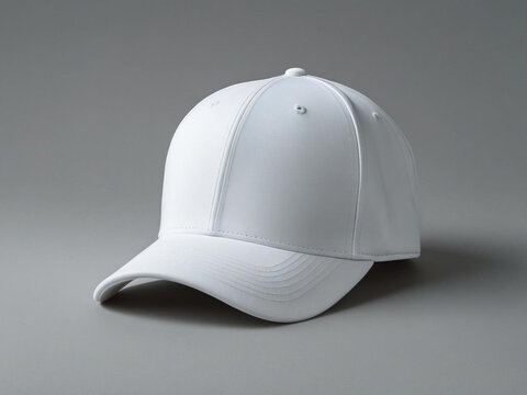 Blank white baseball cap on light gray background.