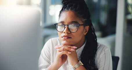 Poster - Reading, thinking and computer with business black woman for legal research, case news and idea. Client feedback, reflection and attorney review with person for lawyer report and online update