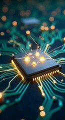 Poster - Close up of a microchip and circuit board with glowing light trails