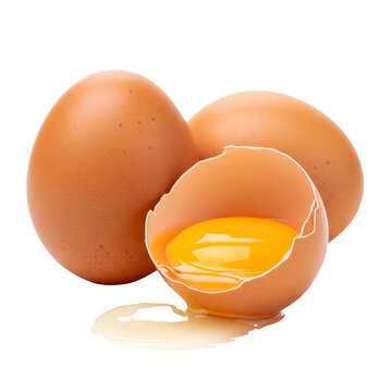 Three raw eggs one broken isolated on transparent background