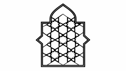 Poster - Geometric islamic pattern with star and hexagon shapes inside an arched window frame design element created with generated ai