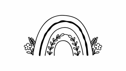 Poster - Aesthetic rainbow design with floral accents on both sides in a simple black and white illustration created with generated ai