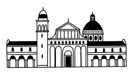 Poster - illustration of a grand building with arches, domes, and a tower in black and white outline style cr