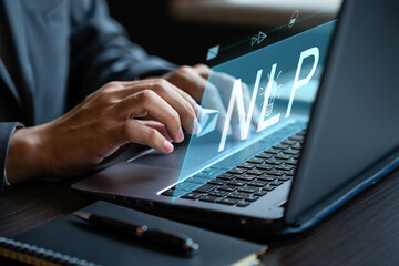 Poster - Person using laptop with NLP concept displayed on screen
