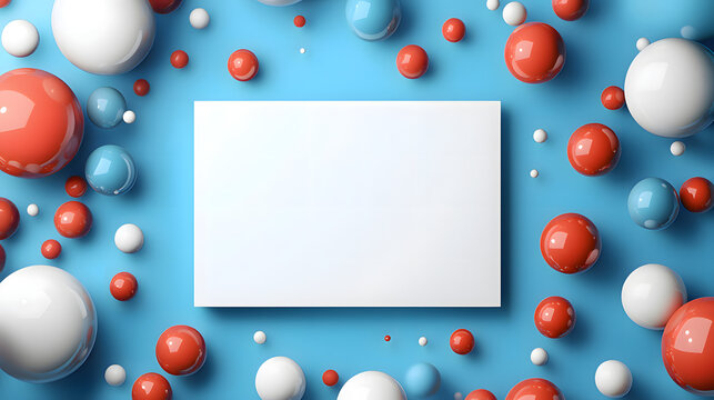 Abstract  banner with red white blue spheres and shapes floating around edge, with white text box at center. for website, cover, brochure, flyer, presentation, banner, Vector illustration