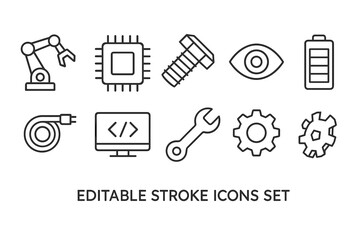 Technology and engineering editable stroke icon set in black and white