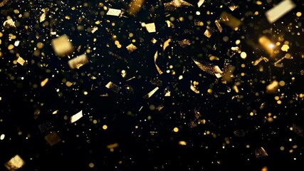 Poster - Gold confetti falling in a loop on a black background with glittering festive particles