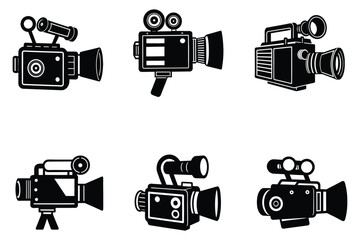 Fototapete - Vintage Film Camera Icons Retro Movie Equipment Illustrations