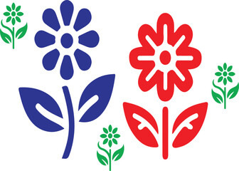 Poster - A simple illustration of blue and red flowers with green leaves on a white background design element art