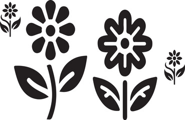Aufkleber - Black and white flower clip art with various petal designs and leaf shapes on a white background image